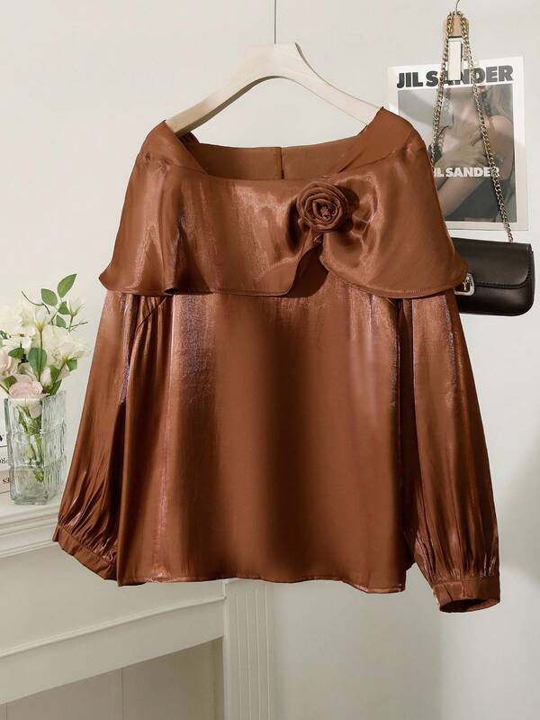 Modelyn Plus Size Women's Solid Color Long Sleeve Floral Decor Loose Elegant Blouse Fall Cloth For Women