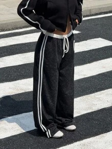 Muchica 女式复古水洗丝带拼接宽松长裤 - 黑與白 - 查看 4