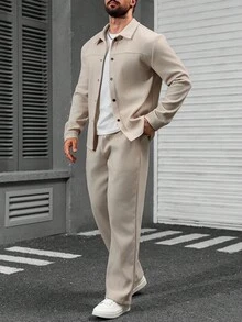 Manfinity Homme Men's Solid Color Single-Breasted Jacket And Pants Casual Suit Casual Two Pieces Set Men Co-Ord Set Beige Men Two Piece Outfit Apricot Men Outfit , Fall Clothes Winter, Cozy Outfits