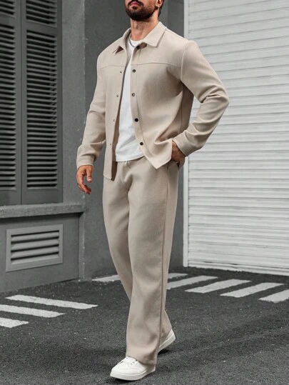 Manfinity CasualCool 男士纯色单排扣夹克和裤子休闲西装休闲两件套男士套装米色男士两件套杏色男士套装，秋季服装冬季舒适服装