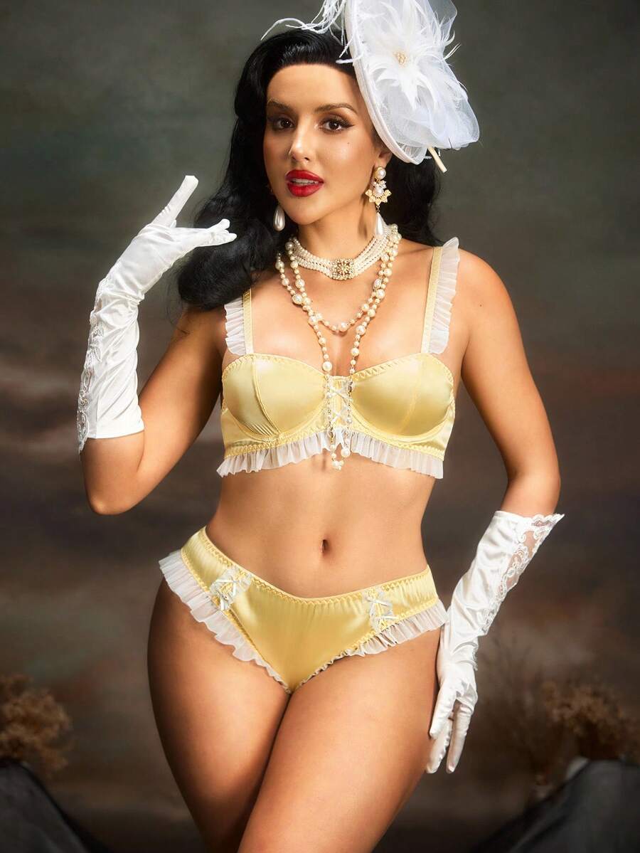 PinupPomp Bộ đồ lót cổ điển 2 món kèm khoen thép, xếp nếp & nâng đỡ, vải satin, màu tương phản, viền nhún bèo, trang trí nơ, phong cách retro lãng mạn dành cho nữ - Màu Mù tạt vàng - Xem 1