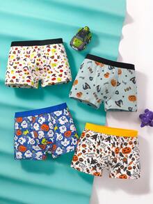 4pcs Boys' Halloween Pumpkin & Ghost Graphic Comfortable Boxer Briefs