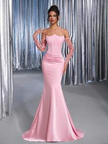 Glamrae Elegantes rosa Trägertop mit asymmetrischem Ausschnitt (abnehmbar) und wunderschönen Mesh-Pailletten, Langarm, Fischschwanz-Patchwork-Taille, plissierte Verzierung, glänzender Satin-Fischschwanz-Schleppe, geeignet für Date, Urlaub, Hochzeit und Veranstaltung, schweres Abendkleid (Herbst und Winter), Herbstkleider für Frauen