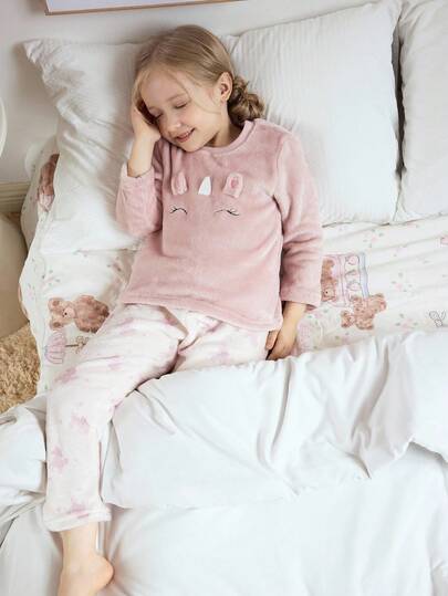 2pcs Young Girls Unicorn Print Fleece Sweatshirt And Pants Comfortable Casual Loungewear Set, Winter Fall