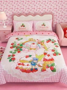 Strawberry Shortcake X SHEIN 3 PiecesStrawberry Print Bedding Set, Soft & Warm, Farmhouse Style, Fits Various Bed Sizes,Gift Ideas - Multicolor - View 2