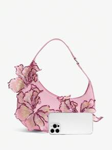 SHEIN SXY 女士、女式单肩包、流浪包、粉色、刺绣亮片贴花、花朵、时尚、优雅、浪漫、简约、个性化、多功能、适合度假、节日、约会、日常、下午茶、派对、舞会、俱乐部、约会、生日、晚会、约会之夜 - 粉色 - 查看 5