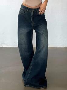 DAZY 女式宽松直筒休闲牛仔裤 - 中等水洗藍 - 查看 5