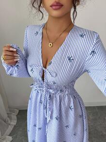 INAWLY Robe mi-longue élégante et décontractée pour femmes, avec nœud, col en V et manches lanternes. Rayures. Convient pour les voyages et les vacances, automne/hiver - Bleu azur - Voir 1