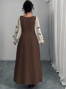 Modelyn Plus Size Women's Patchwork Sheer Ruffle Sleeve Bow Decor Square Neck Waist Cinched Dress, Spring/Summer/Autumn Fall Cloth For Women - Brown - View 2