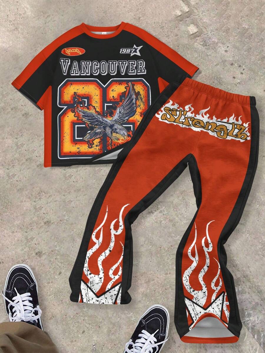 SHEIN Dwuczęściowy zestaw dla chłopców: koszulka z nadrukiem i spodnie dzwony, odpowiedni na lato - Wielokolorowe - Zobacz 1