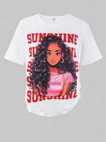 SHEIN Sparklyn 2件套青少年女孩休闲图案T恤和工装裤套装 - 紅色 - 查看 4