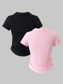 Sparklyn 2件套少女优雅休闲百搭纯色长袖修身T恤套装，多种颜色可选，百搭易配 - 彩色 - 查看 2