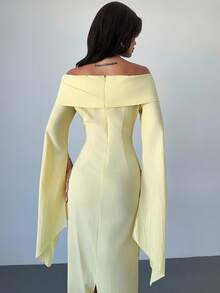 Firerie 优雅纯色露肩长袖褶皱腰 A 字中长连衣裙，适合日常、度假、返校、毕业典礼、派对 - 奶油黄 - 黃色 - 查看 6