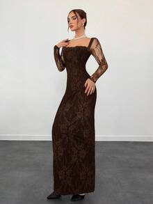 Aloruh Đầm Maxi Ôm Body Cổ Vuông Ren Tay Dài Hình Chữ S Gợi Cảm Cho Nữ Thu/Đông Mới Cho Dự Tiệc, Đêm Hẹn Hò, Buổi Tối - màu nâu - Xem 4