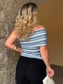 Jeta Ari 女士夏季假期不对称领单肩褶皱修身条纹无袖上衣 - 藍色 - 查看 2