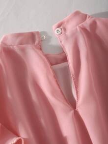 Tween Girls' Elegant Light Pink Summer Wedding Midi Dress,Stand Collar Flutter Sleeve Cinched Waist Asymmetric Hem Chiffon 3D Flower Decor Dress - Pink - View 3