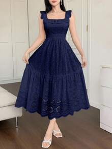 DAZY French Lace Embroidery White Waist Cinched Dress, Vacation Fairy Style