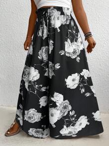 SHEIN LUNE Plus Size Floral All-Over Print Tie Front Casual Pants Fall Cloth For Women - Grey - View 3