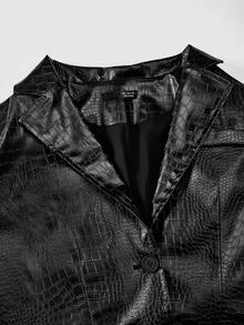 SHEIN MOD Women's Faux Crocodile Print Lapel Long Sleeve Fashion Blazer,,Autumn,Fall,Back To School,Office Wear,Office Attire,Business Casual,Teacher,Brunch Old Money Style Women,Going Out,Cruise,Birthday,Vintage, Party Blazer - Black - View 4