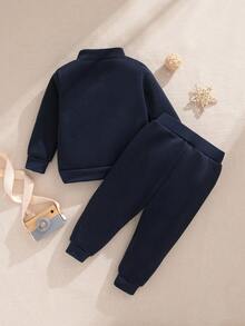 SHEIN 2pcs Baby Boy Navy Blue Autumn Casual Outfit,Stand Collar Long Sleeve Letter Print Half Zip Sweatshirt And Pants Set,Tracksuit For Date Winter Fall - Navy Blue - View 3