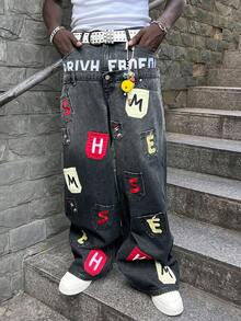 ROMWE MEN Street Life Men's Double-Layer Waistband Multi-Pocket Embroidered Pattern Loose Fit Jeans - Black - View 4