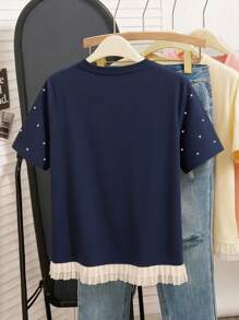 INAWLY Women's Casual Daily Rhinestone Decor Multi-Layer Ruffle Hem Loose Short Sleeve T-Shirt, Summer - Navy Blue - View 2