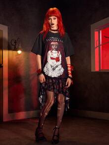 ANNABELLE x SHEIN 女士图案圆领短袖T恤 - 黑色 - 查看 7