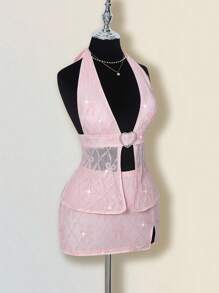 SHEIN ICON 女式蝴蝶结刺绣亮片两件套，心形水钻纽扣短款上衣和紧身裙，性感又 - 粉色 - 查看 12