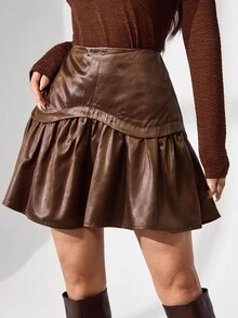Modelyn Rok Mini Wanita dengan Hem Berlapis Bahan Kulit Sintetis - Coklat - View 6