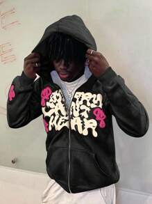 Glimmora 男士拉链字母印花休闲连帽卫衣，秋季款，长袖上衣 - 黑色 - 查看 2