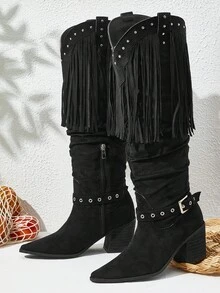 Styleloop Damskie, proste, wsuwane, wygodne, ocieplane buty na drewnianym obcasie, buty z motywem rekina, odpowiednie na Halloween, Boże Narodzenie, strój jesienny, czarne buty, buty damskie, buty westernowe, Core - Czarne - Zobacz 3