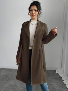 Rafferiza Women's Solid Color Faux Suede Double-Breasted Side Pocket Regular Jacket Fall Winter Cloth For Women - Coffee Brown - View 4