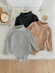 SHEIN Set de 3 piezas de body de manga larga con cuello de tortuga casual y cómodo para bebé niño en otoño e invierno - Multicolor - Ver 4