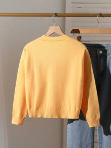 Fashionable Daisy Embroidered Knit Sweater Jacket, Soft Yellow Autumn Tween Girl Cardigan, Cute Holiday Back-To-School Button Up Fall Sweaters - Orange - View 2