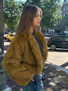 SHEIN EZwear 女士时尚休闲卡其色仿皮草夹克，秋冬 - 卡其色 - 查看 5