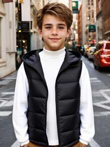 SHEIN Tween Boy 休闲街头超大连帽背心夹克，适合通勤、上学、日常休闲装、运动、秋冬季、棉服、冬季大衣、棉服、羽绒服 - 黑色 - 查看 2