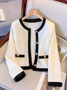 SHEIN Franclia 女式优雅时尚撞色金属单排扣长袖轻便夹克 - 黑與白 - 查看 5