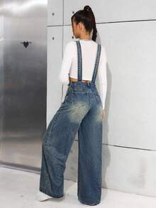 SHEIN 少女宽松蓝色带口袋牛仔背带裤 - 深色水洗藍 - 查看 2