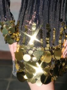 Anewsta 女式优雅渐变亮片缀饰长袖连衣裙 - 金色 - 查看 6