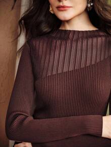 Anewsta Semi-Turtleneck Sheer Fitted Knit Sweater - Brown - View 8