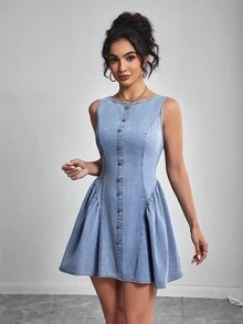Elenzga Đầm denim không tay cổ tròn đơn giản, tối giản, màu trơn dành cho nữ - Màu xanh lam - Xem 3