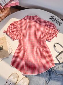 SHEIN Casuvi Kids Girls Plaid Front Button Short Sleeve Casual Shirt, Lantern Sleeve, Bowknot Pleated Waist, A-Line, Slim Fit, Suitable For Commuting And Vacation, Summer - Red - View 2