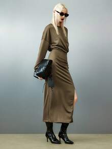 Airlisse Women's Side Slit Twist Pleated Sweatshirt Dress, Elegant For Vacation - Gray green - View 3