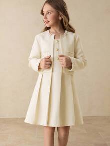 Tween Girl 优雅时尚高贵圆领长袖短款粗花呢夹克搭配圆领无袖高腰短裙套装，适合秋冬季返校、毕业、正式场合、万圣节、圣诞节活动 - 米色 - 查看 3