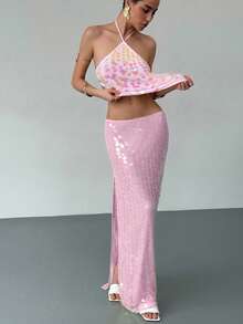 Aloruh 女士系带露背亮片吊带上衣，适合春夏季度假 - 淺粉色 - 查看 4