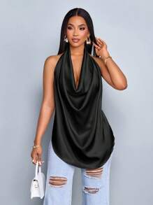 SOLERSUN Spring And Summer Women's Wear Leisure Vacation Apricot Glossy Fabric Deep V Neck Halter Straps Swing Neck Curved Hem Backless Straps Woven Fabric Vest - Black - View 4