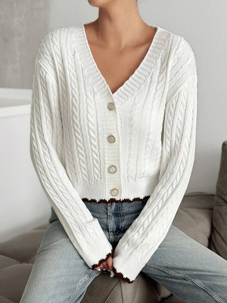 SHEIN Cottnline Elegant V Neck Cable Knit Tailored Fitted Long Sleeve ...