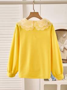 女童长袖休闲白色衬衫，多层荷叶边蕾丝领，珍珠装饰，舒适优雅，适合上学 - 黃色 - 查看 2
