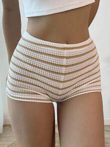 Sunnyshic Khaki & White Striped Ark Texture Fabric Low Waist Skinny Ultra-Short Shorts, Suitable For Vacation, Beach, Casual, Daily Wear, Streetwear, Versatile, Spring/Summer, For Women