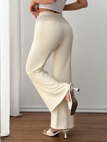 SHEIN PETITE 女式白色针织腰带配串珠抽绳直筒宽松休闲度假裤 - 杏色 - 查看 2